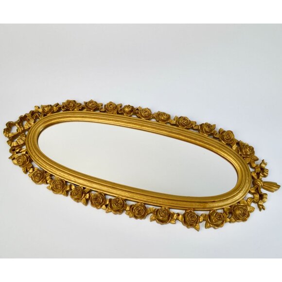 1970 Dart IND Vintage Gold Oval Rose Mirror Syroco ? Hollywood Regency - Picture 1 of 10